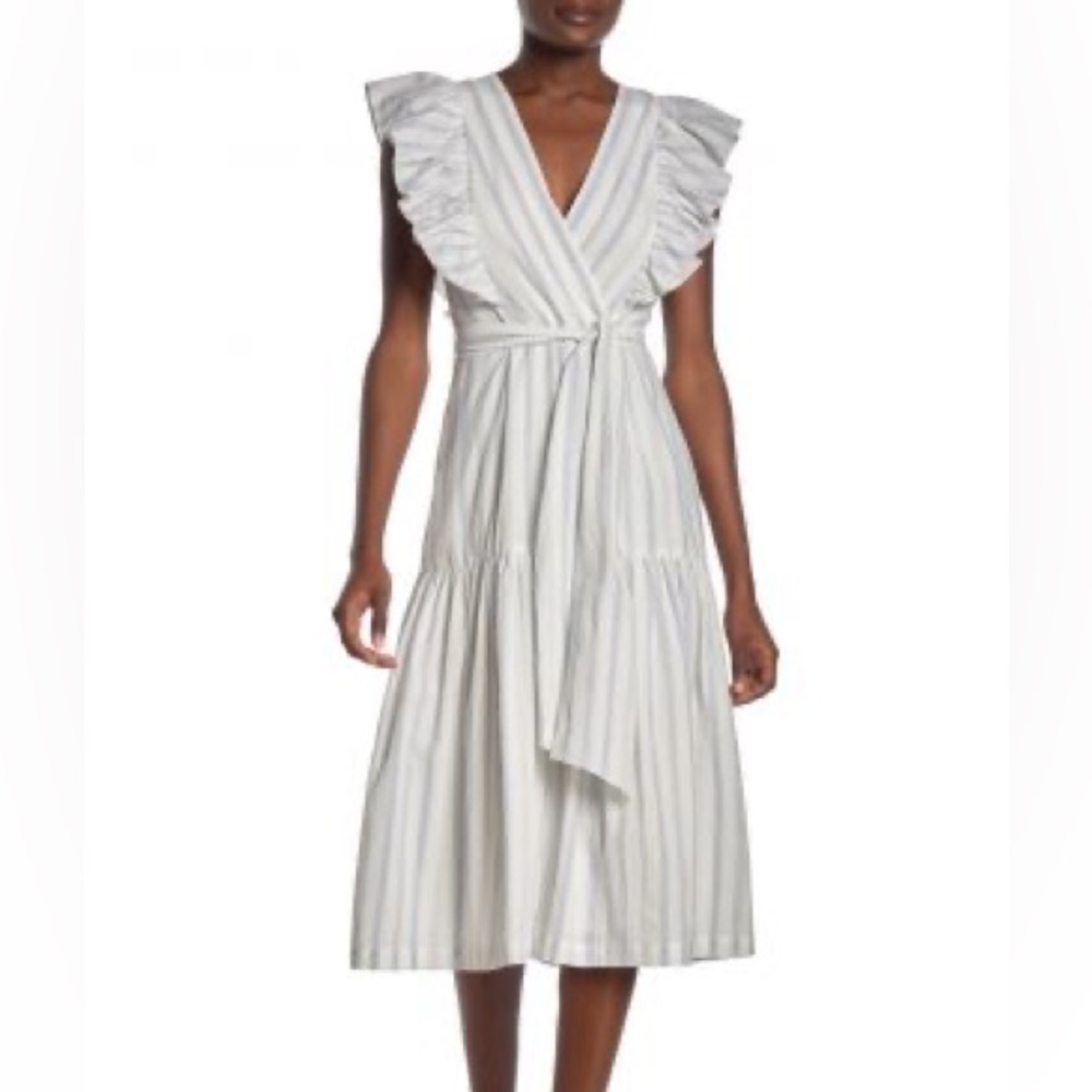 REBECCA TAYLOR Ruffle Yarn Dye Stripe Midi Dress